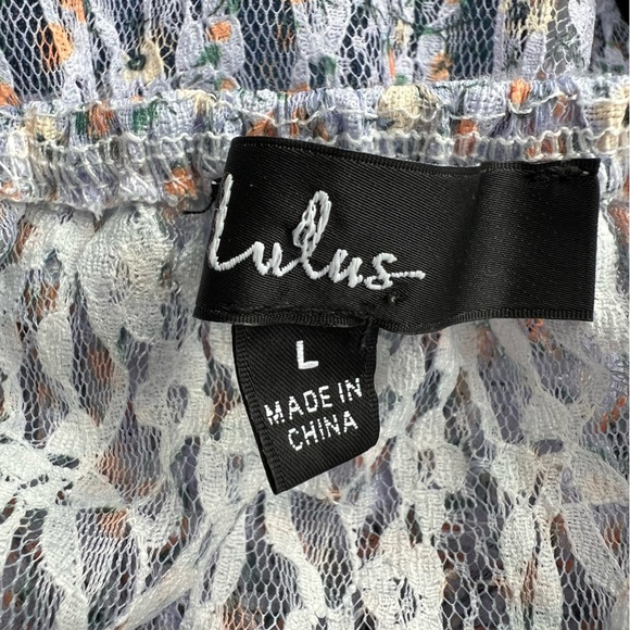 Lulus Lavender Floral Lace Balloon Sleeve Faux Wrap Peplum Top - Picture 7 of 8